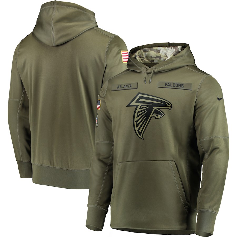 Men's Atlanta Falcons 2018 Olive Salute to Service Sideline Therma Performance Pullover Stitched Hoodie